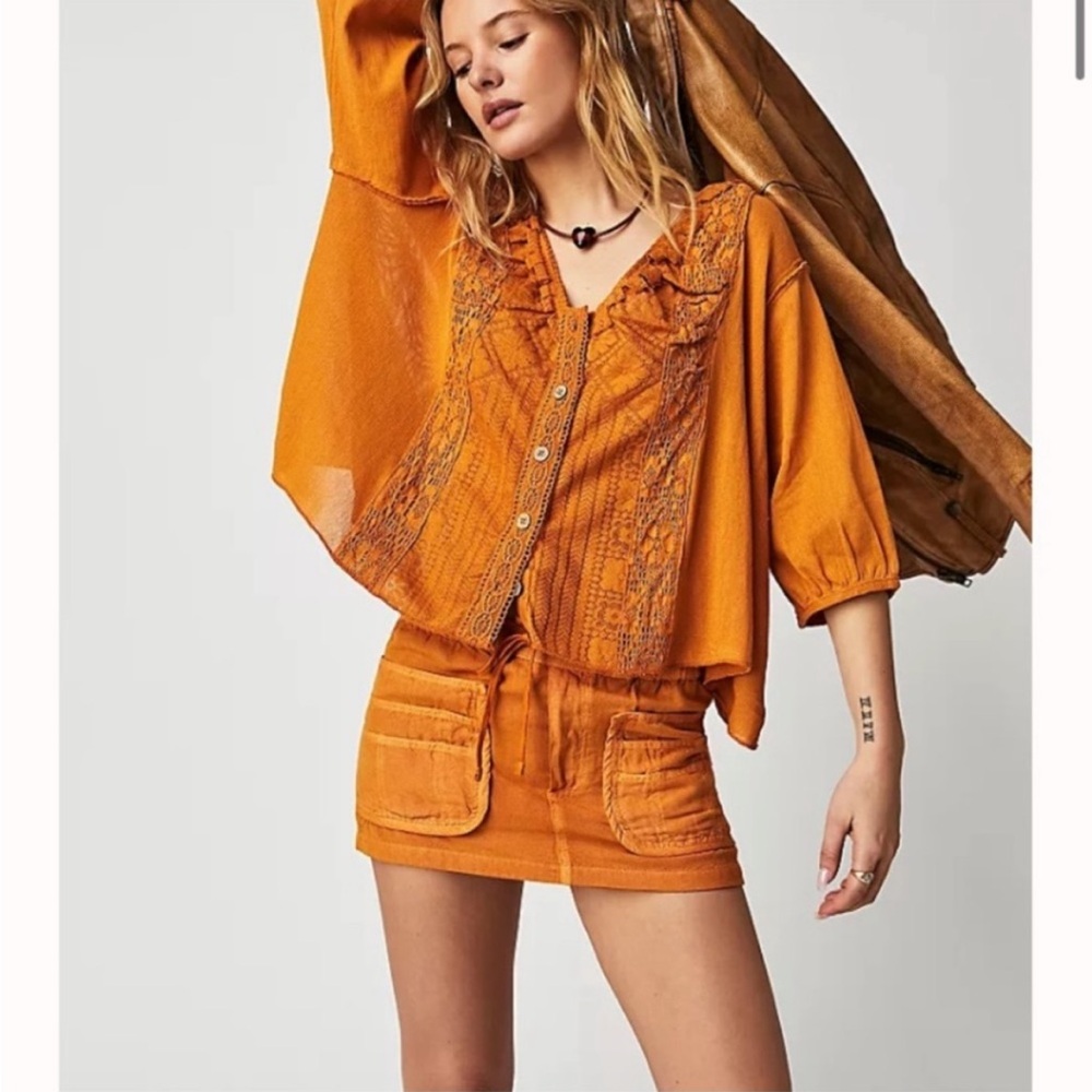 Free People Orange Embroidered Top
